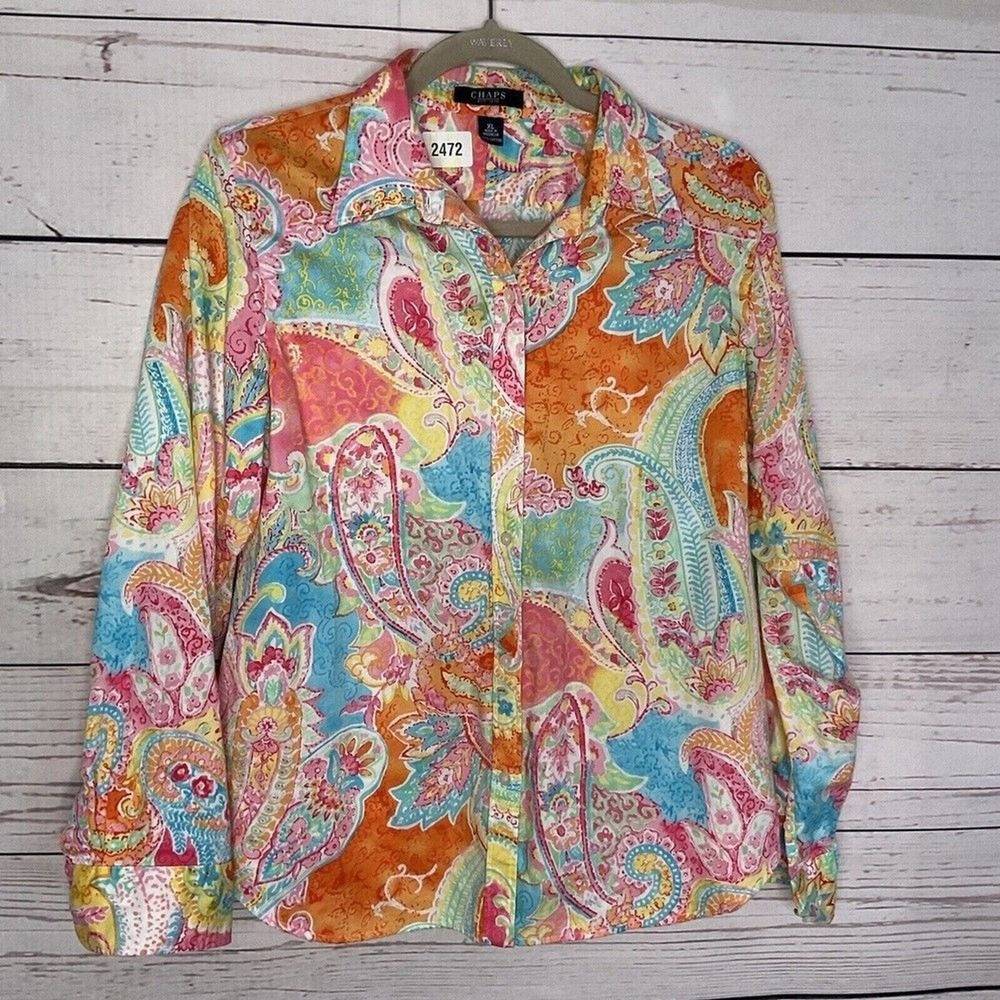 Chaps Paisley Orange/Pink Long Sleeve Cuff Classic Shirt Women XL Indonesia